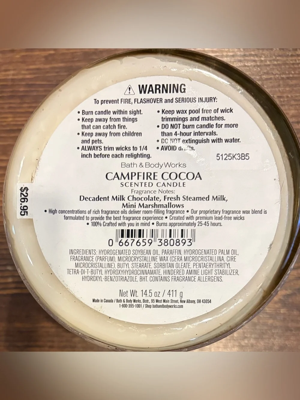 NWT, B&BW Campfire Cocoa, ‘Camp Series’, Glass 3 Wick Candle with Metal Lid
